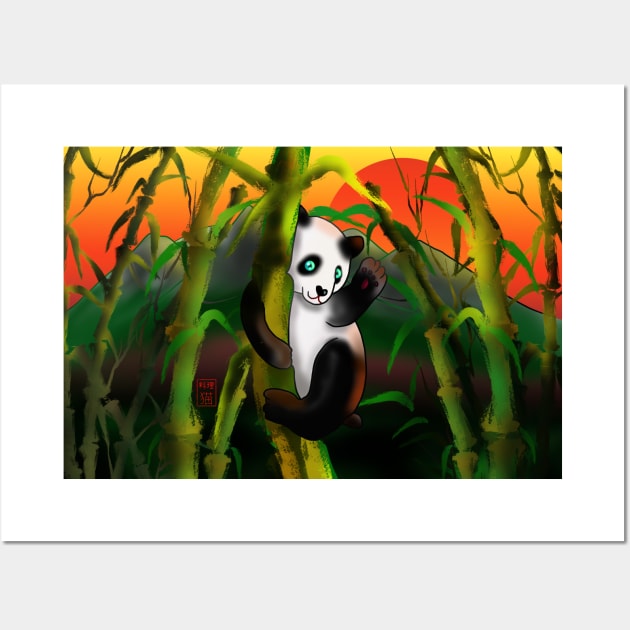 Adorably cute panda at sunset in a bamboo forest Wall Art by cuisinecat